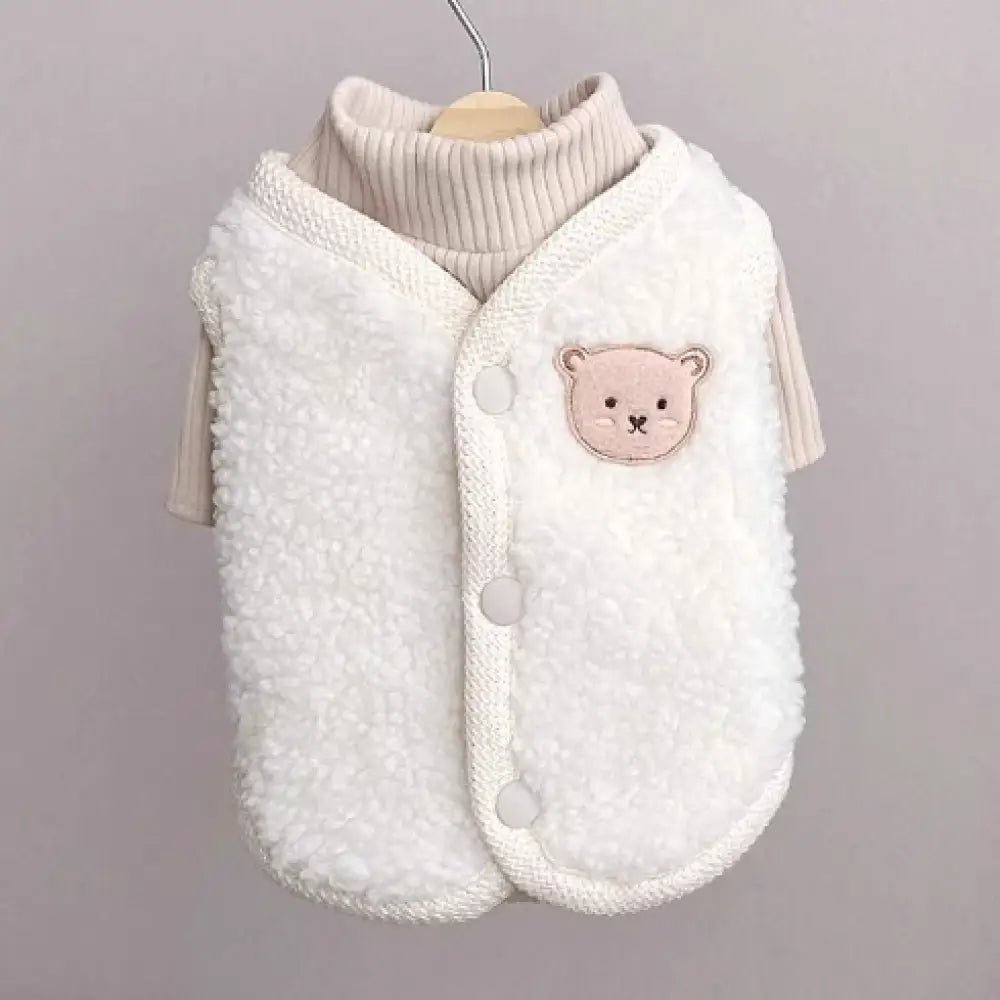 リトルベア テディ ベスト インナー アウター重ね着 背中ボタン 冬服 もこもこ 秋冬 防寒 暖か 厚手 かわいい ペット 犬の服 ホワイト / XS（対応体重0.65-1.2KG） ペット用品＞ウェア