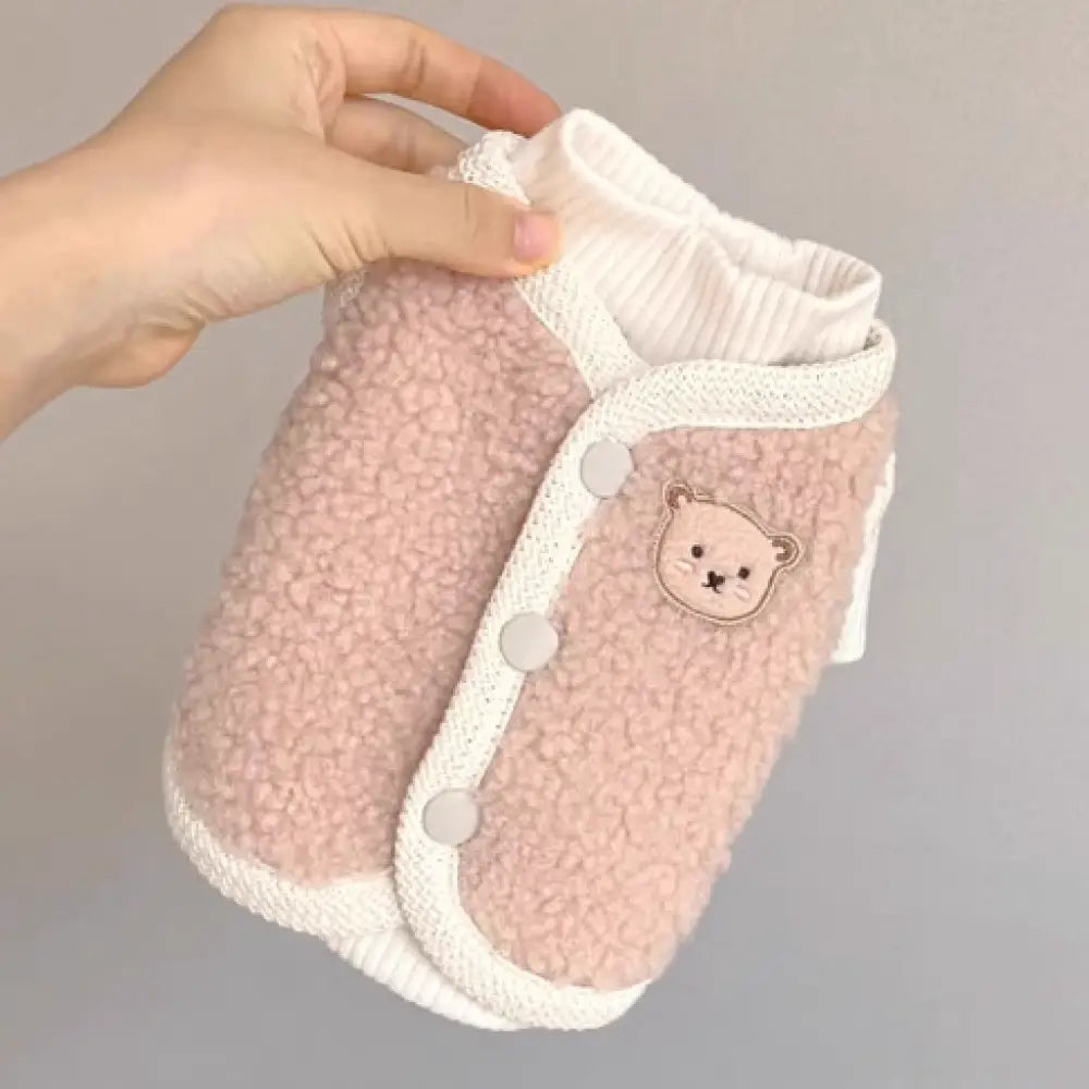 リトルベア テディ ベスト インナー アウター重ね着 背中ボタン 冬服 もこもこ 秋冬 防寒 暖か 厚手 かわいい ペット 犬の服 ピンク / XS（対応体重0.65-1.2KG） ペット用品＞ウェア