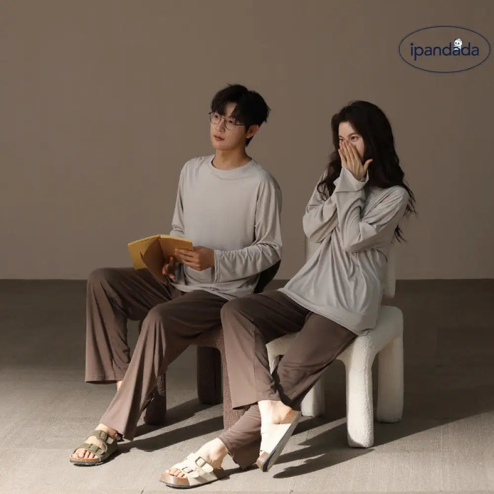 柔らかい モダール カップル パジャマ メンズ レディース 春秋 クルーネック 長袖 シンプル 無地 ルームウェア セット ID4348