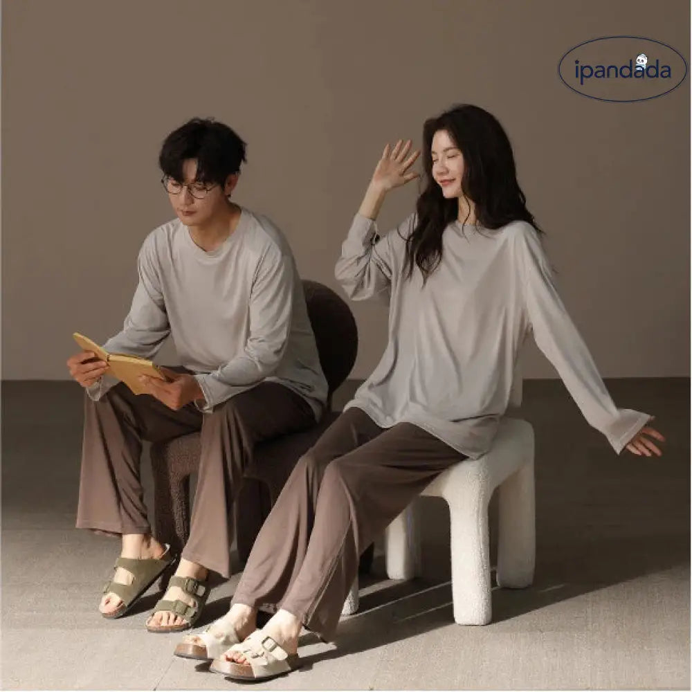 柔らかい モダール カップル パジャマ メンズ レディース 春秋 クルーネック 長袖 シンプル 無地 ルームウェア セット ID4348