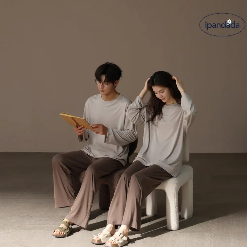 柔らかい モダール カップル パジャマ メンズ レディース 春秋 クルーネック 長袖 シンプル 無地 ルームウェア セット ID4348