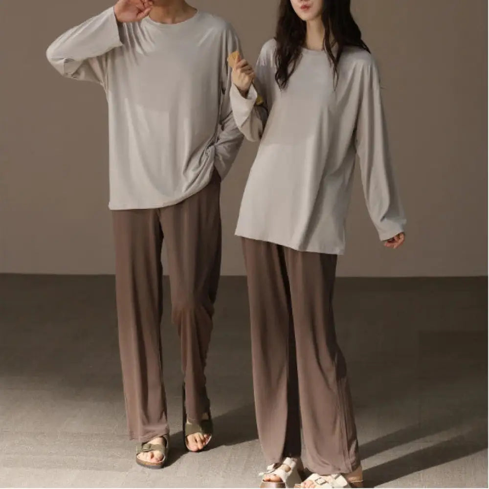 柔らかい モダール カップル パジャマ メンズ レディース 春秋 クルーネック 長袖 シンプル 無地 ルームウェア セット ID4348