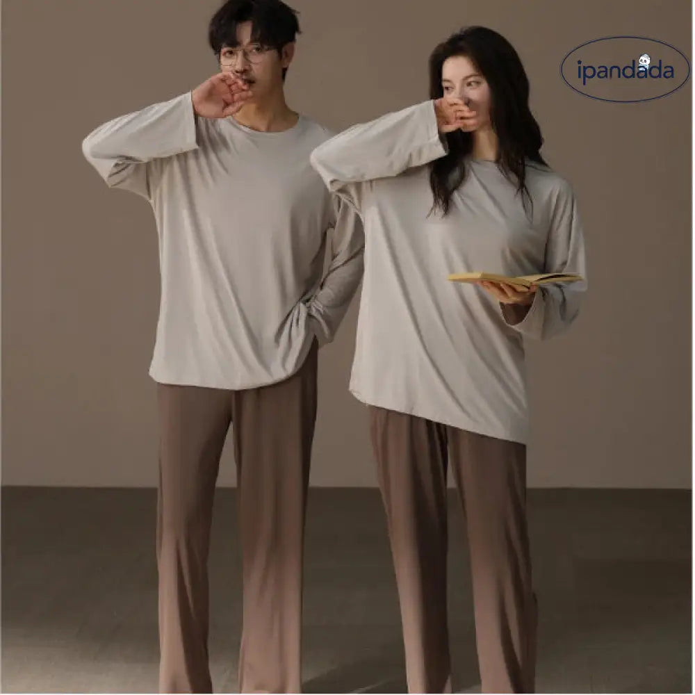 柔らかい モダール カップル パジャマ メンズ レディース 春秋 クルーネック 長袖 シンプル 無地 ルームウェア セット ID4348