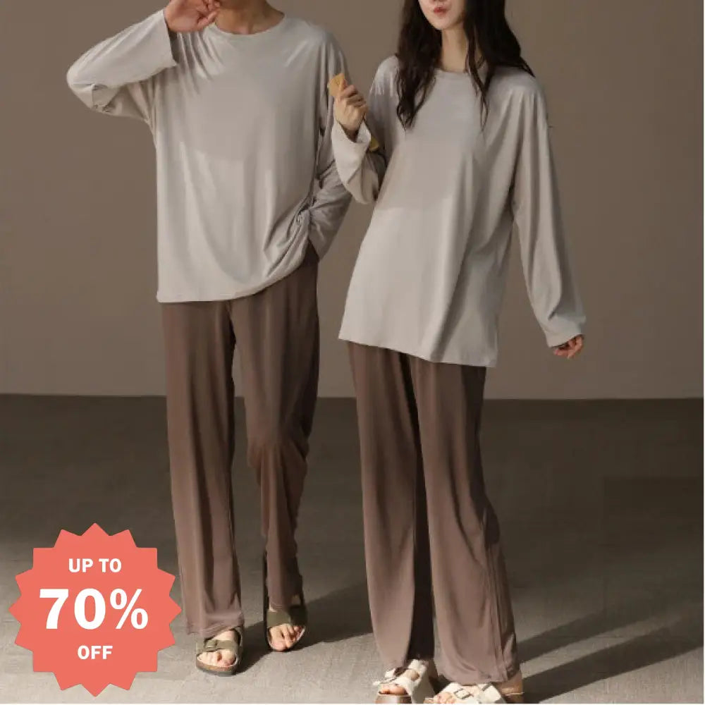 柔らかい モダール カップル パジャマ メンズ レディース 春秋 クルーネック 長袖 シンプル 無地 ルームウェア セット ID4348