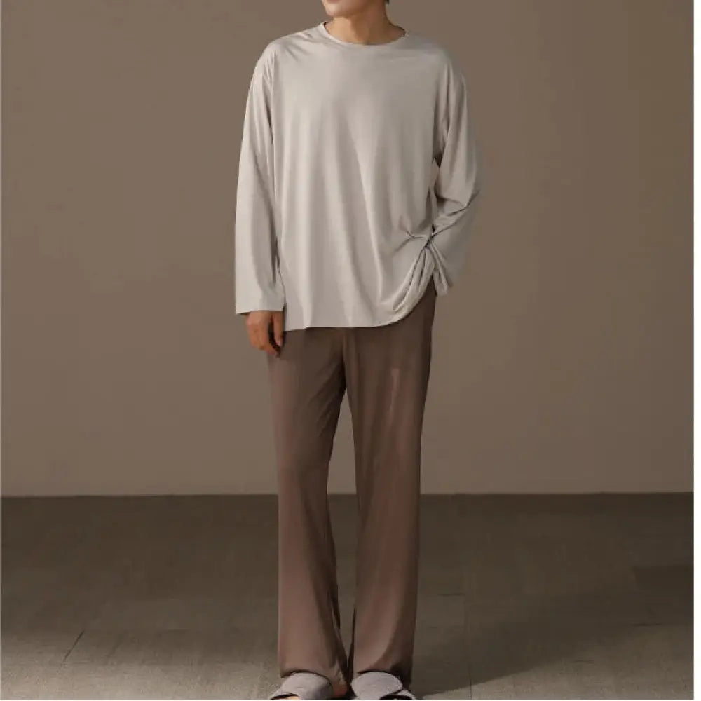 柔らかい モダール カップル パジャマ メンズ レディース 春秋 クルーネック 長袖 シンプル 無地 ルームウェア セット ID4348 タイプ① / メンズL