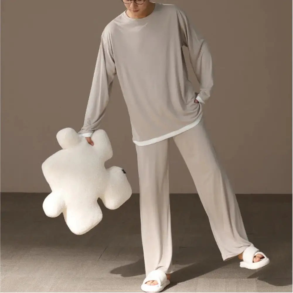 柔らかい モダール カップル パジャマ メンズ レディース 春秋 クルーネック 長袖 シンプル 無地 ルームウェア セット ID4348 タイプ② / メンズL