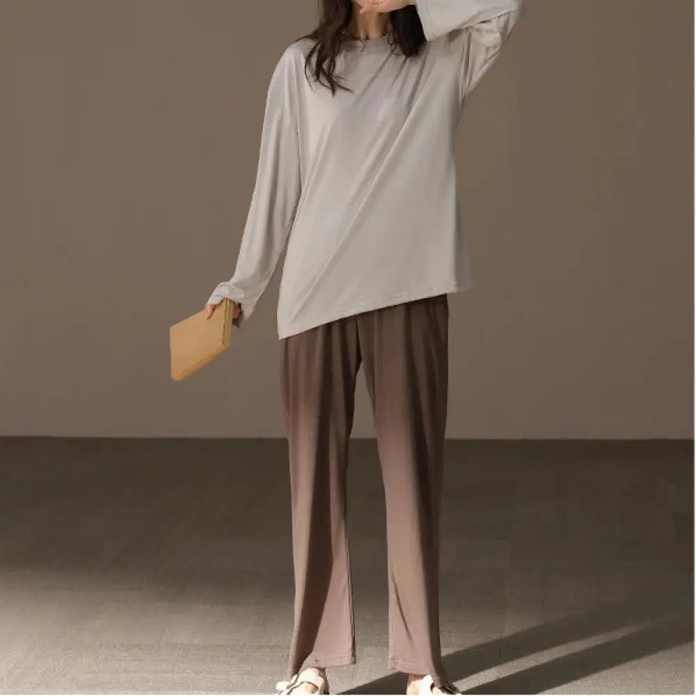 柔らかい モダール カップル パジャマ メンズ レディース 春秋 クルーネック 長袖 シンプル 無地 ルームウェア セット ID4348 タイプ① / レディースＭ