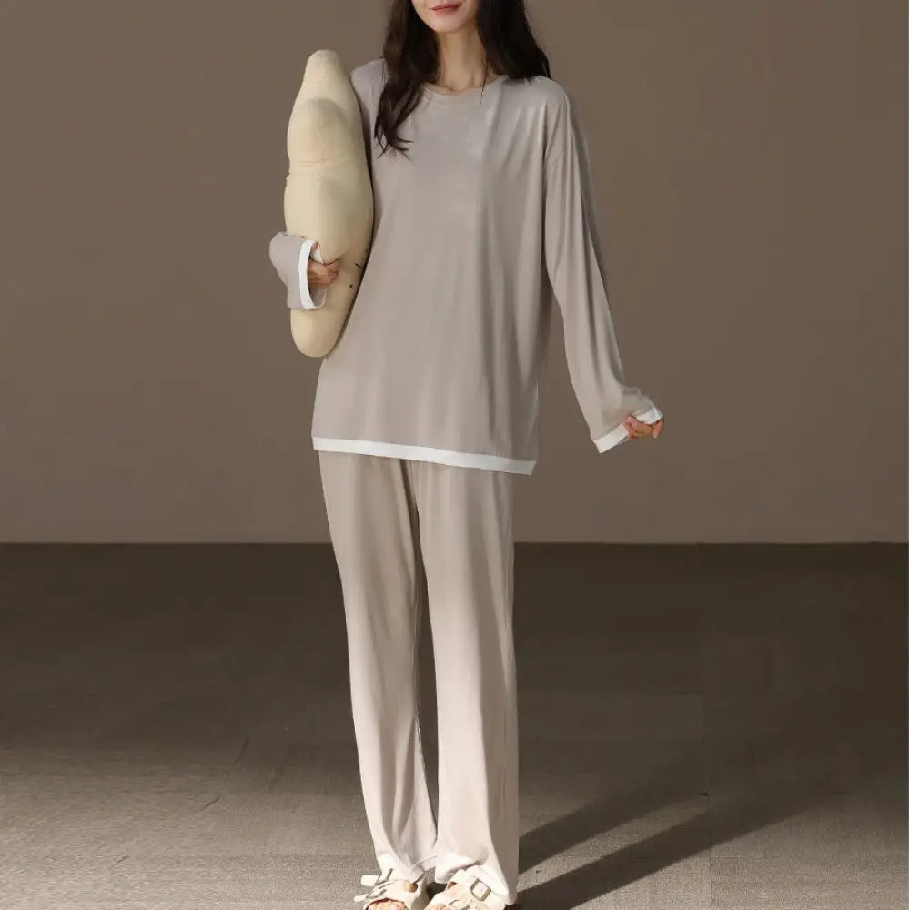 柔らかい モダール カップル パジャマ メンズ レディース 春秋 クルーネック 長袖 シンプル 無地 ルームウェア セット ID4348 タイプ② / レディースＭ