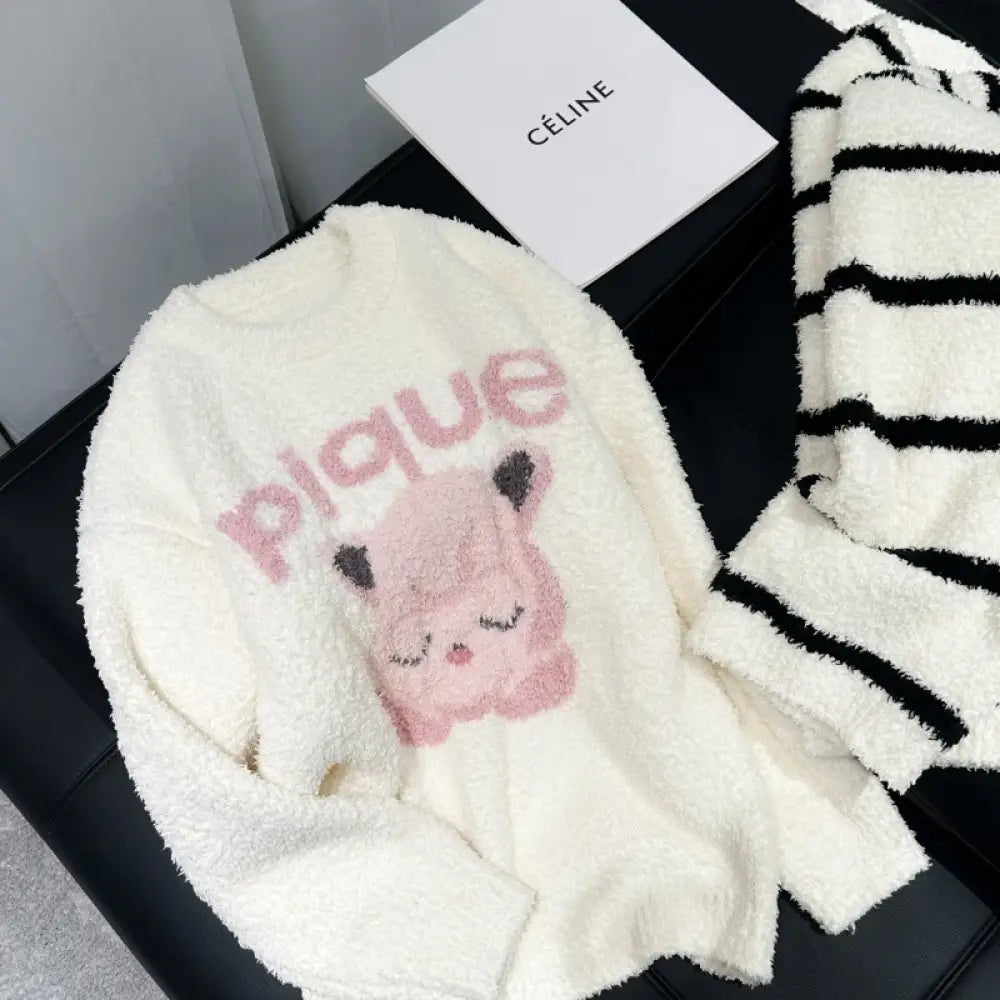 柔らかい 女性 パジャマセット 秋冬 カートゥーン 可愛い ハーフフリース ルームウェア ホームウェア 暖 着る毛布 裏起毛 丸洗い ID3097 アイボリー / フリー レディース＞セットアップ