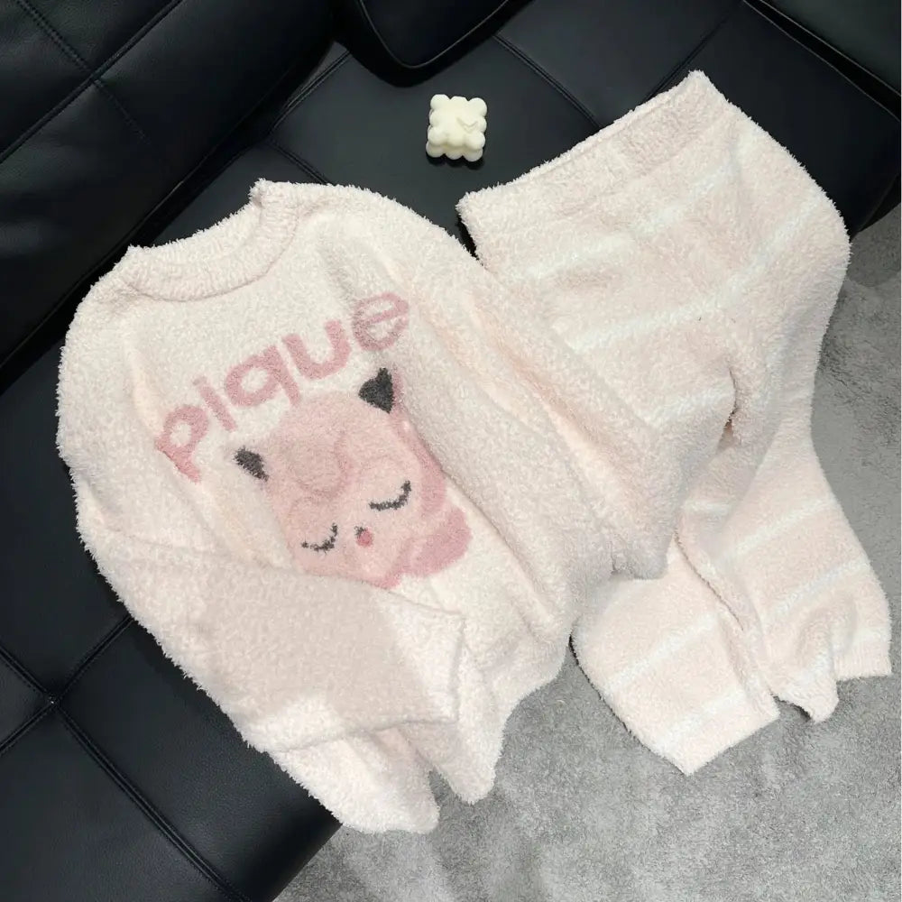 柔らかい 女性 パジャマセット 秋冬 カートゥーン 可愛い ハーフフリース ルームウェア ホームウェア 暖 着る毛布 裏起毛 丸洗い ID3097 ピンク / フリー レディース＞セットアップ