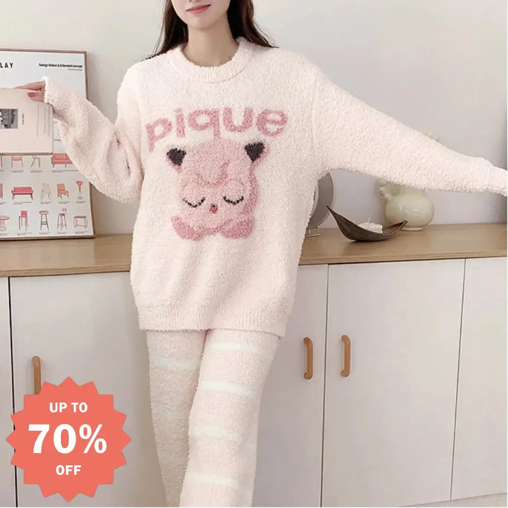 柔らかい 女性 パジャマセット 秋冬 カートゥーン 可愛い ハーフフリース ルームウェア ホームウェア 暖 着る毛布 裏起毛 丸洗い ID3097 レディース＞セットアップ