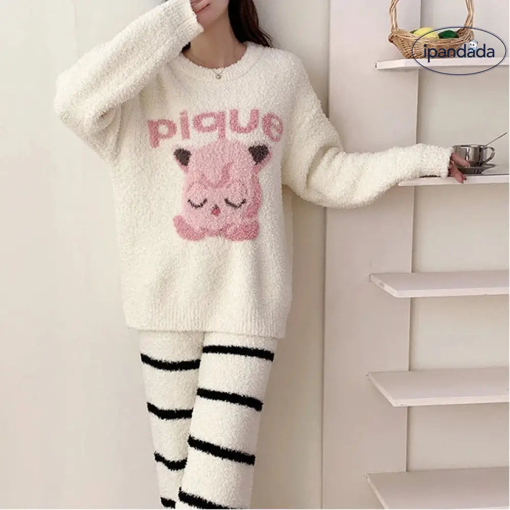 柔らかい 女性 パジャマセット 秋冬 カートゥーン 可愛い ハーフフリース ルームウェア ホームウェア 暖 着る毛布 裏起毛 丸洗い ID3097 レディース＞セットアップ