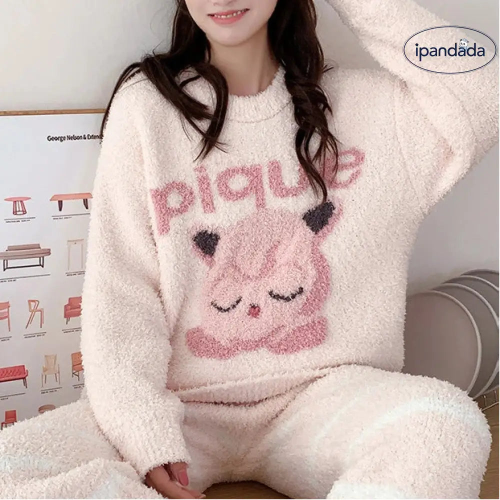 柔らかい 女性 パジャマセット 秋冬 カートゥーン 可愛い ハーフフリース ルームウェア ホームウェア 暖 着る毛布 裏起毛 丸洗い ID3097 レディース＞セットアップ