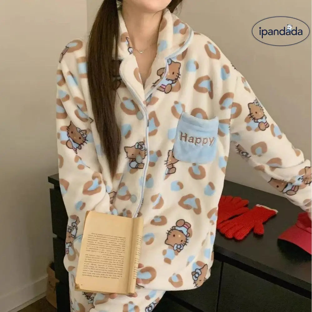 柔らかい レディース パジャマ 冬季 フランネル ヒョウ柄 ブラックレザー ハローキティ プリント 厚手 コーラルフリース ルームウェア ID3648