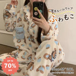 柔らかい レディース パジャマ 冬季 フランネル ヒョウ柄 ブラックレザー 可愛い 暖かい あったか 長袖 部屋着 ふわもこ モコモコ ハローキティ プリント 厚手 コーラルフリース ルームウェア ID3648 レディース＞セットアップ