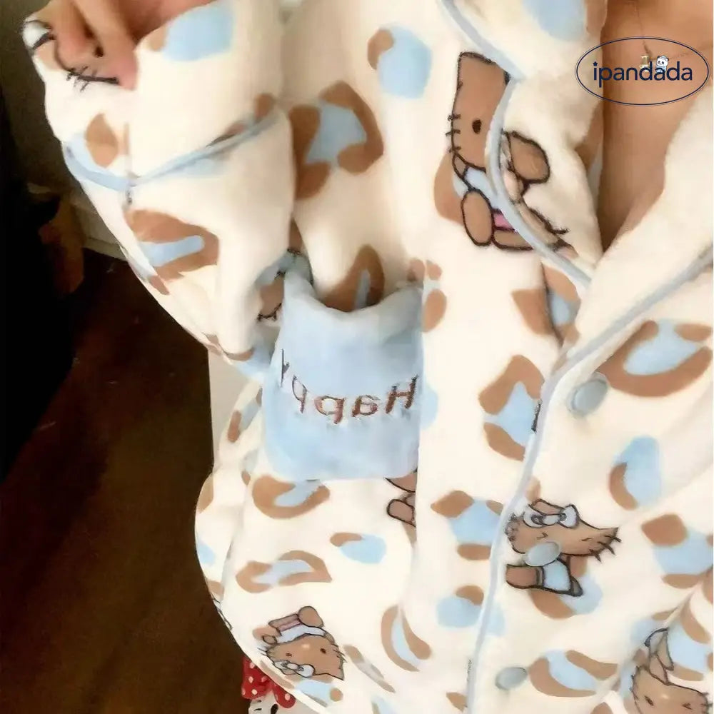 柔らかい レディース パジャマ 冬季 フランネル ヒョウ柄 ブラックレザー ハローキティ プリント 厚手 コーラルフリース ルームウェア ID3648