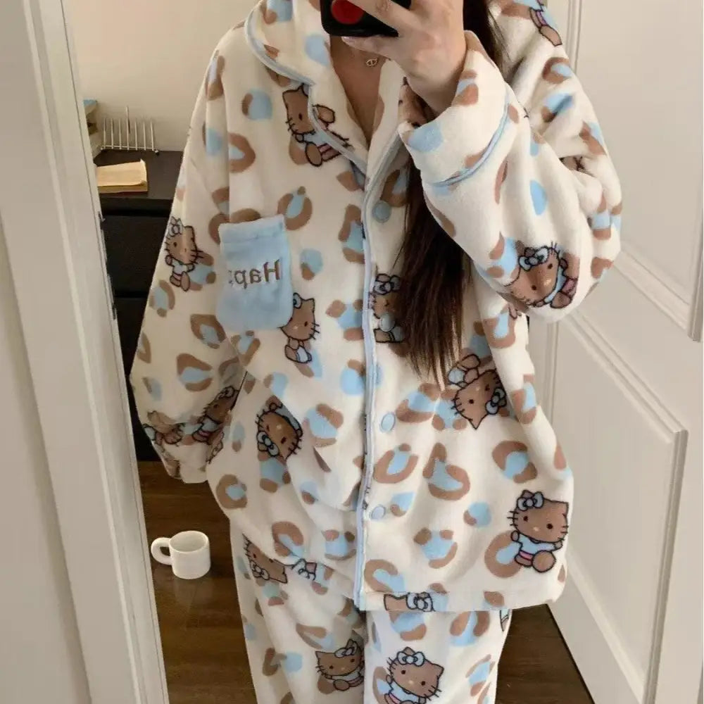 柔らかい レディース パジャマ 冬季 フランネル ヒョウ柄 ブラックレザー ハローキティ プリント 厚手 コーラルフリース ルームウェア ID3648 写真通り / M