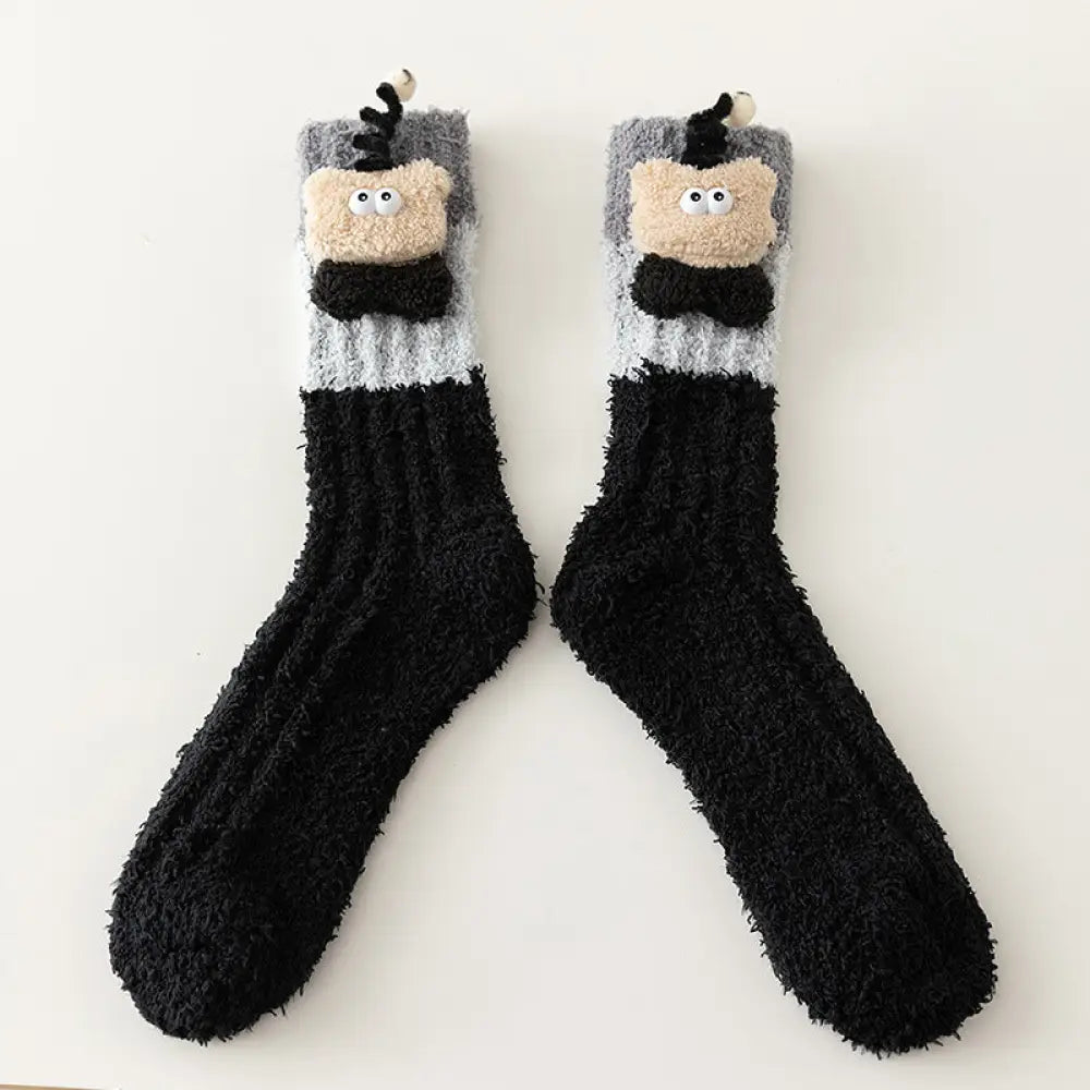ルーム用 フリース キャラクター ソックス レディース 秋冬 保温 裏起毛 厚手 ゆったり コーラルフリース 足元 スリープ ロング ソックス ID3040 ブラック / フリー