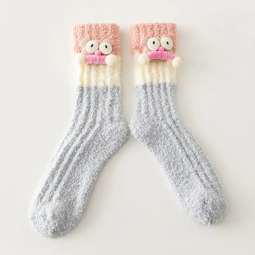 ルーム用 フリース キャラクター ソックス レディース 秋冬 保温 裏起毛 厚手 ゆったり コーラルフリース 足元 スリープ ロング ソックス ID3040 ブルー / フリー