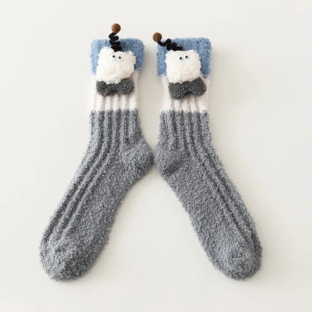ルーム用 フリース キャラクター ソックス レディース 秋冬 保温 裏起毛 厚手 ゆったり コーラルフリース 足元 スリープ ロング ソックス ID3040 グレー / フリー