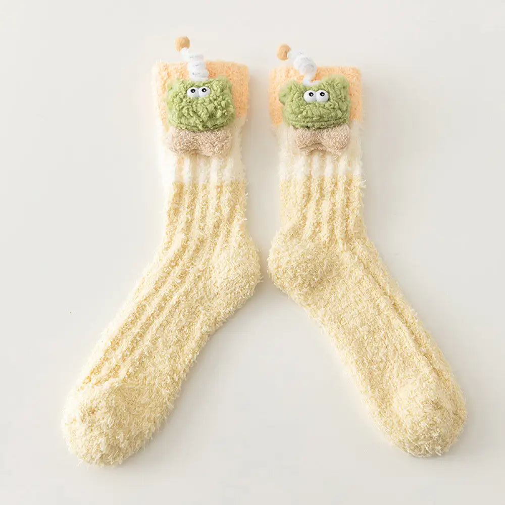 ルーム用 フリース キャラクター ソックス レディース 秋冬 保温 裏起毛 厚手 ゆったり コーラルフリース 足元 スリープ ロング ソックス ID3040 イエロー / フリー