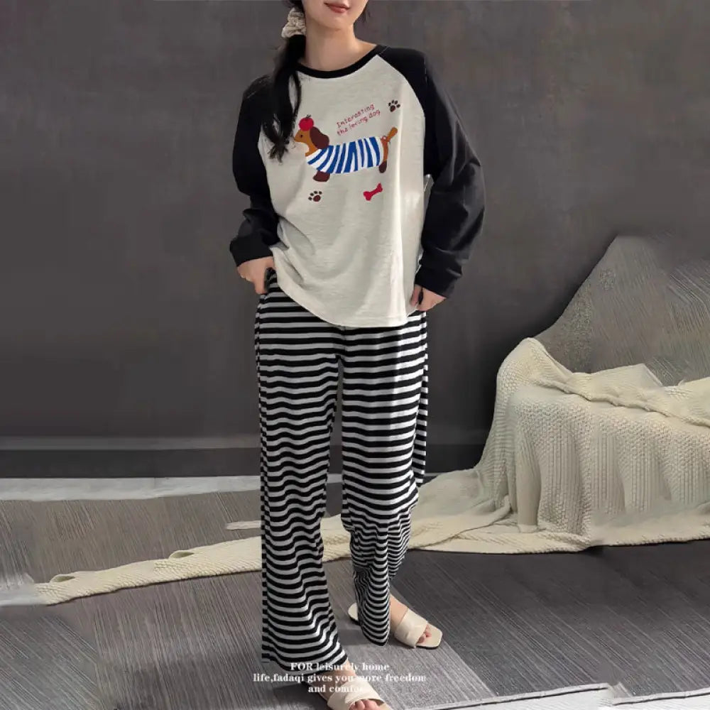 ルームウェア ボーダー カートゥーン 大人可愛い パジャマ ゆったり 部屋着 寝巻きウエストゴム 上下 タイプ1 / M レディース＞セットアップ