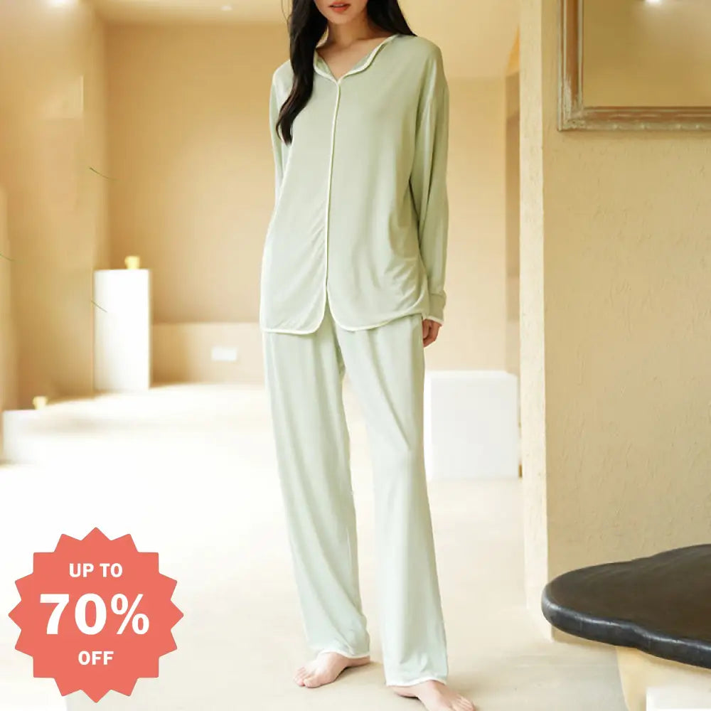 ルームウェア カップ付き レディース 長袖 パジャマ 上下セット 楽ちん ゆったり トップス パンツ 部屋着 寝巻き 柔らかい 快適 おしゃれ ゆるめ グリーン / M レディース＞セットアップ