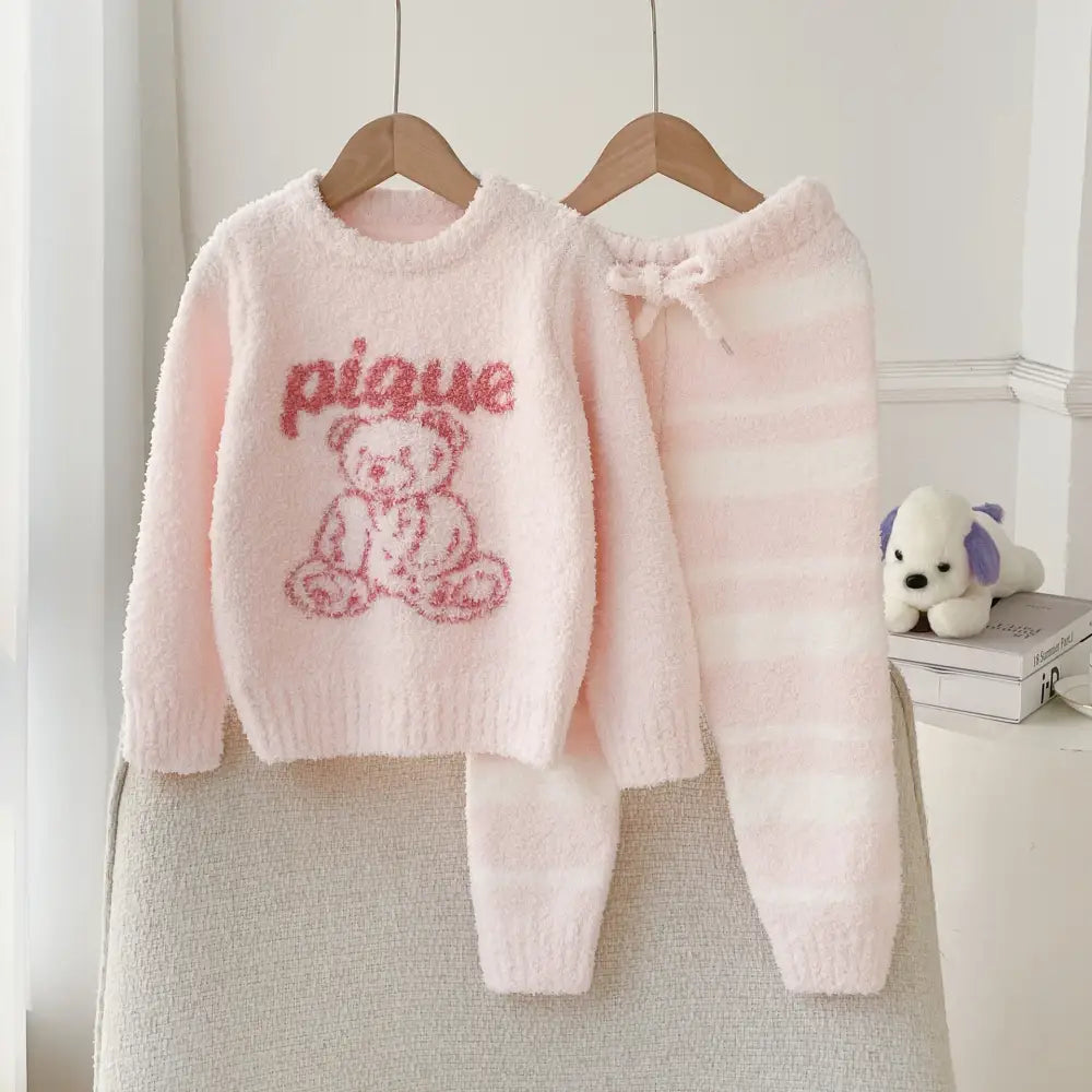 ルームウェア キッズ クマ柄 あったか パジャマ 部屋着 ルームウェア ふわふわ 寝間着 男の子 女の子 親子ペアル 寝巻き 暖かい シンプル ピンク / 80-90 ベビー＆キッズ＞キッズ