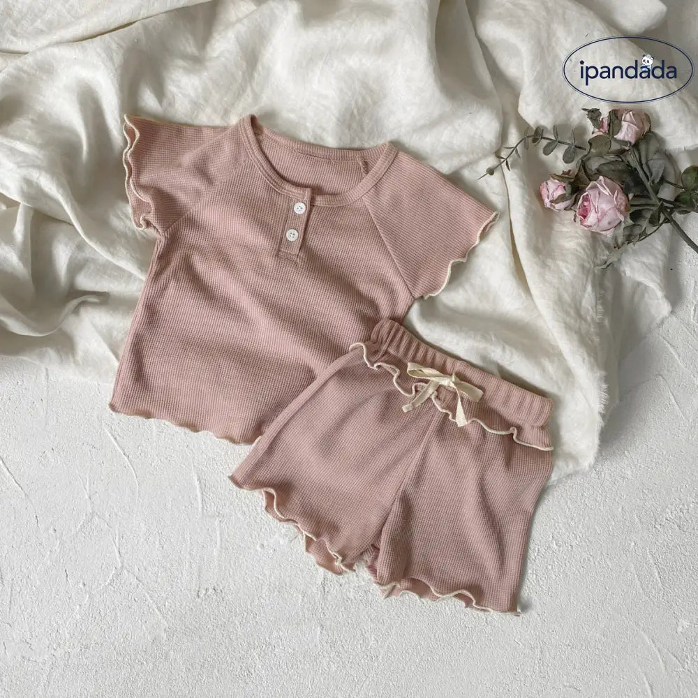 ID552 ルームウェア キッズ女の子 夏用 ワッフル生地 半袖Tシャツ＋ショートパンツ ルームウェア 2点セット ウェーブフリンジ ベビー服 ピンク / 73cm ベビー＆キッズ＞キッズ