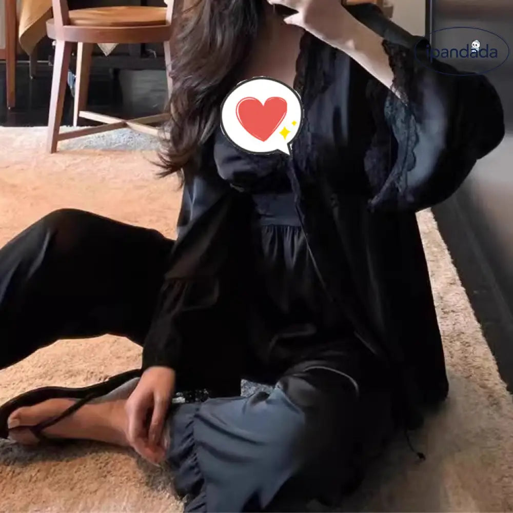 ID410 ルームウェア 美乳 セクシー 3点セット プラスサイズフレンチ レース トリム Vネック シルク パジャマ レディース 春 秋 ブラック / S レディース＞セットアップ