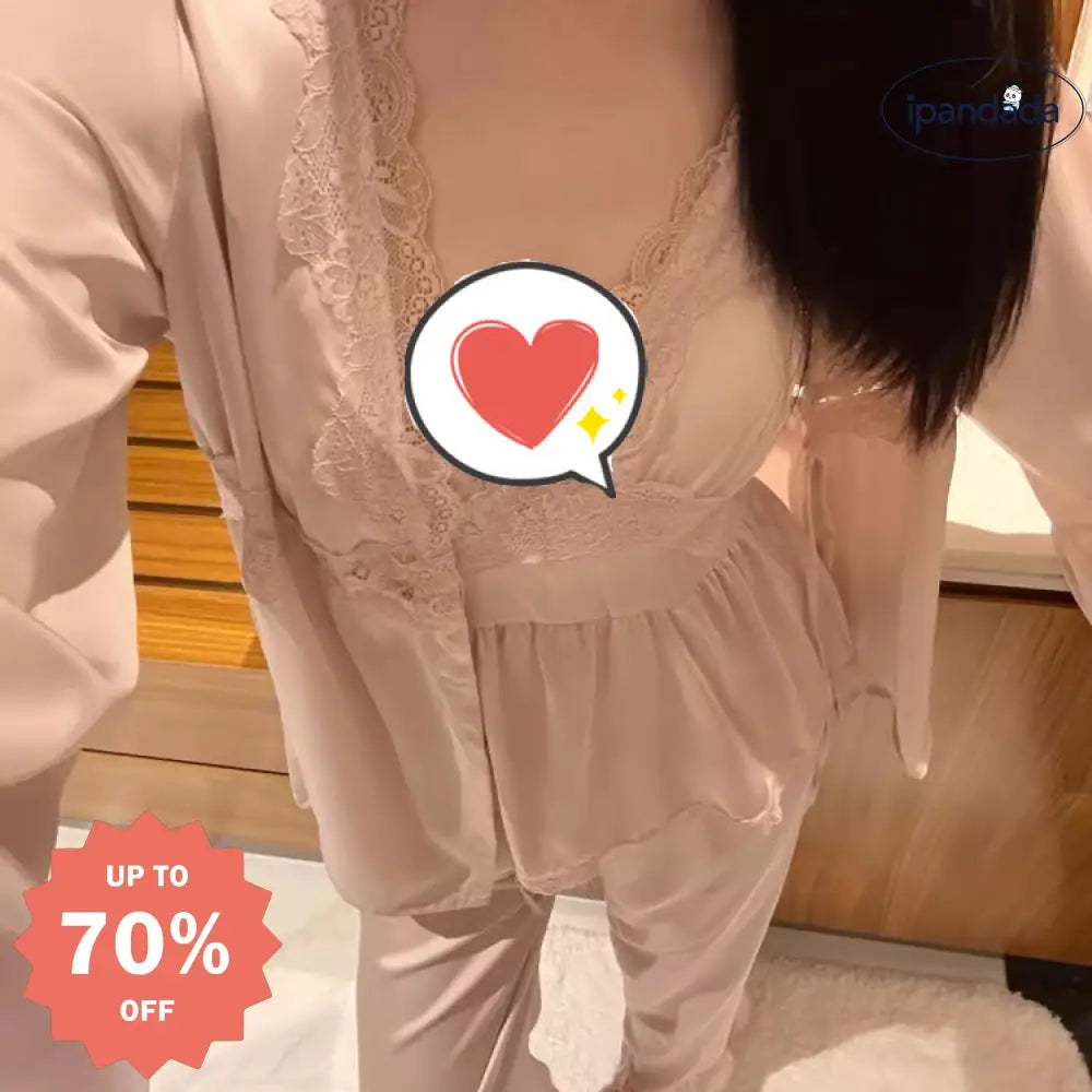 ID410 ルームウェア 美乳 セクシー 3点セット プラスサイズフレンチ レース トリム Vネック シルク パジャマ レディース 春 秋 ピンク / S レディース＞セットアップ