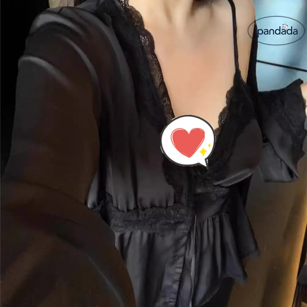 ID410 ルームウェア 美乳 セクシー 3点セット プラスサイズフレンチ レース トリム Vネック シルク パジャマ レディース 春 秋 レディース＞セットアップ