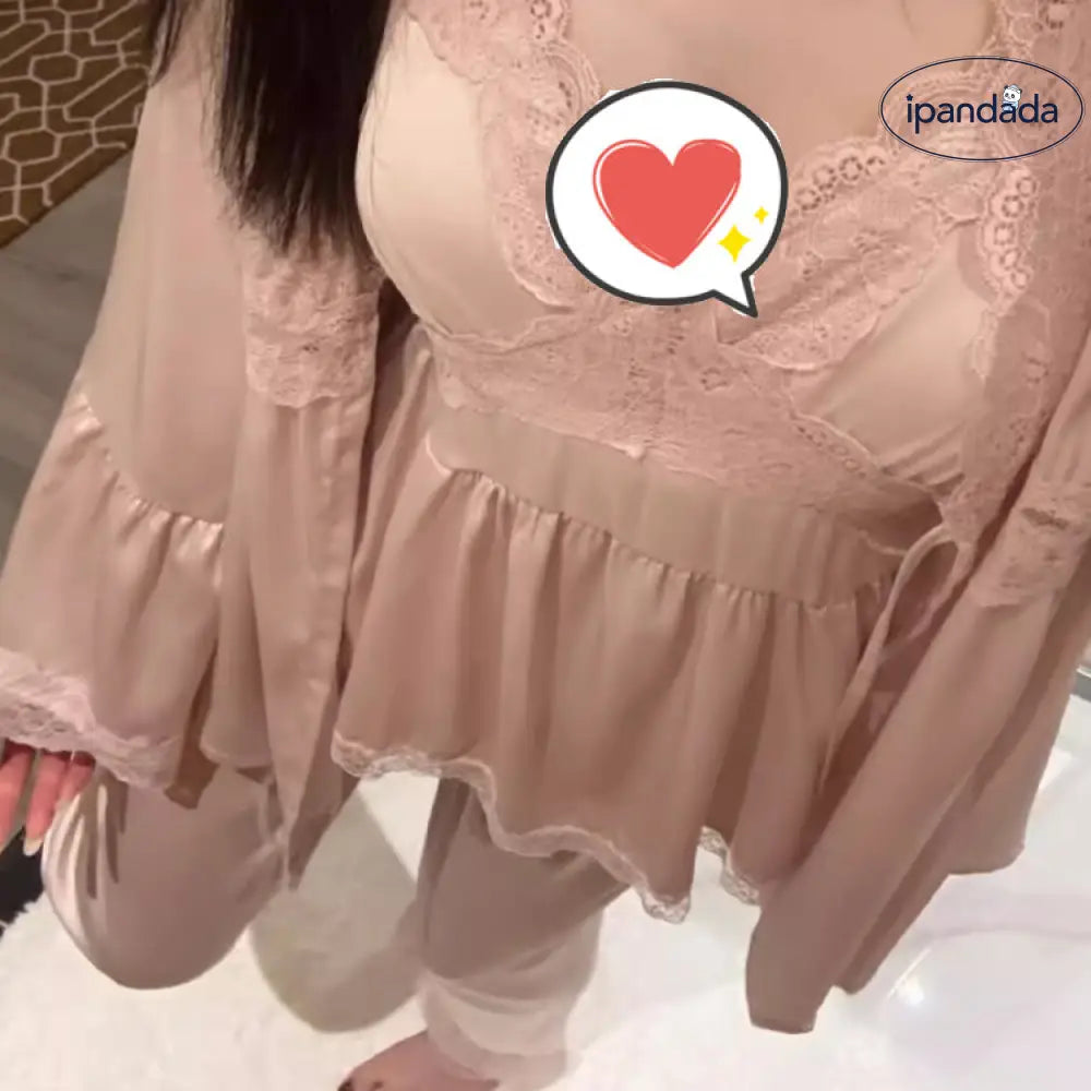 ID410 ルームウェア 美乳 セクシー 3点セット プラスサイズフレンチ レース トリム Vネック シルク パジャマ レディース 春 秋 レディース＞セットアップ