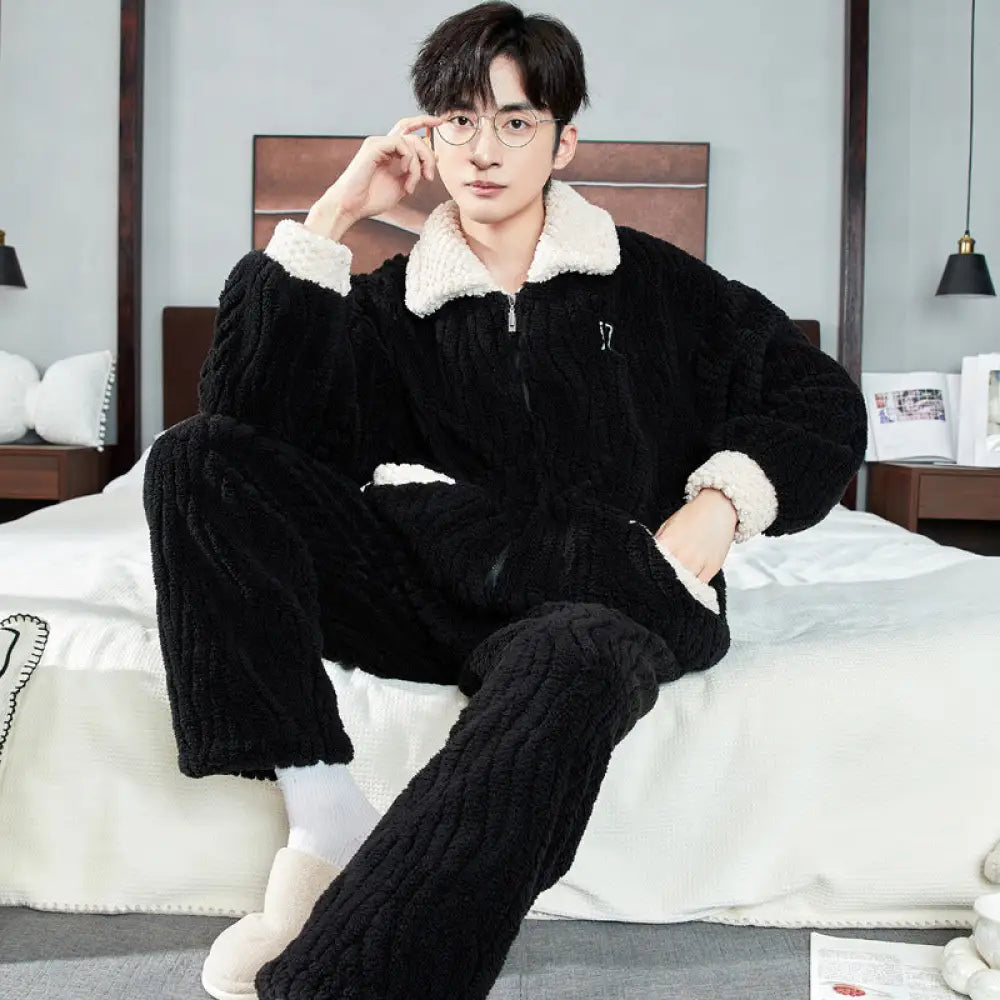 パジャマ メンズ 秋冬用 コーラル フリース 厚手 大きいサイズ 冬用 フランネル 部屋着 セット ID3180 ブラック / L