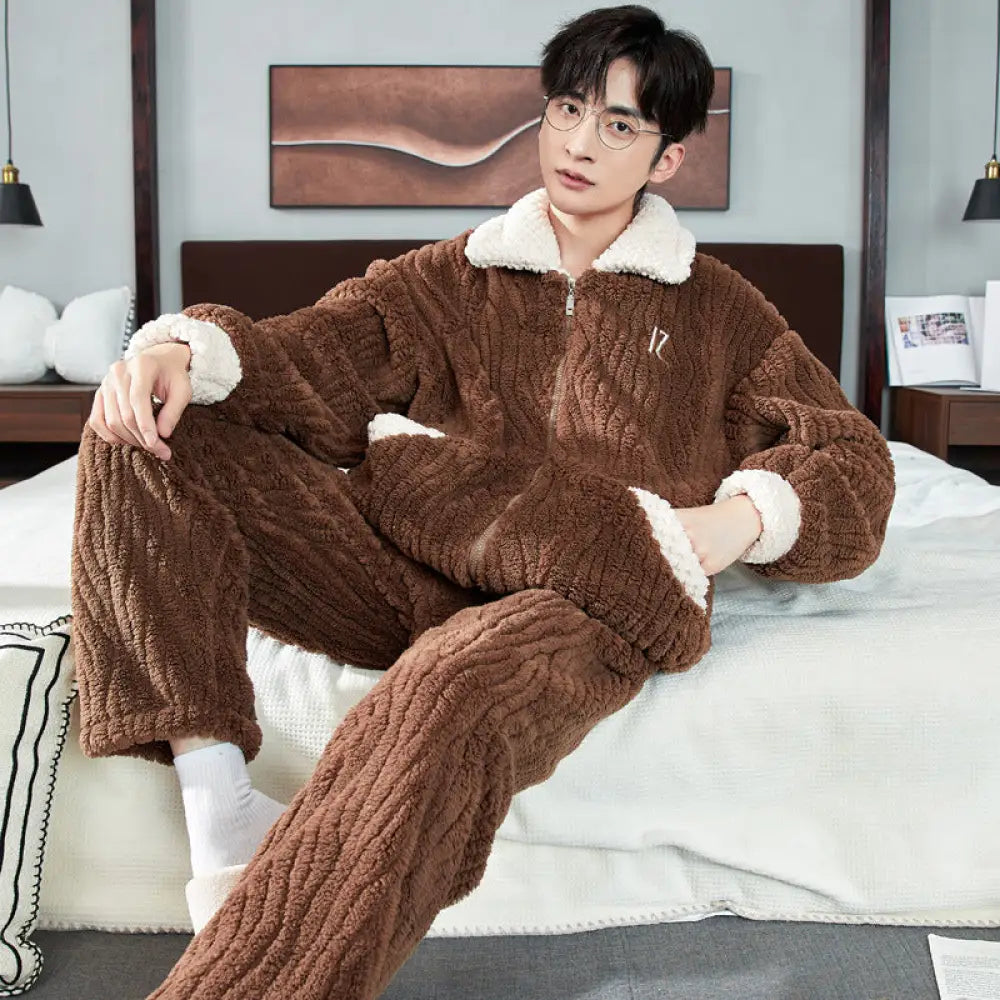 パジャマ メンズ 秋冬用 コーラル フリース 厚手 大きいサイズ 冬用 フランネル 部屋着 セット ID3180 ブラウン / L