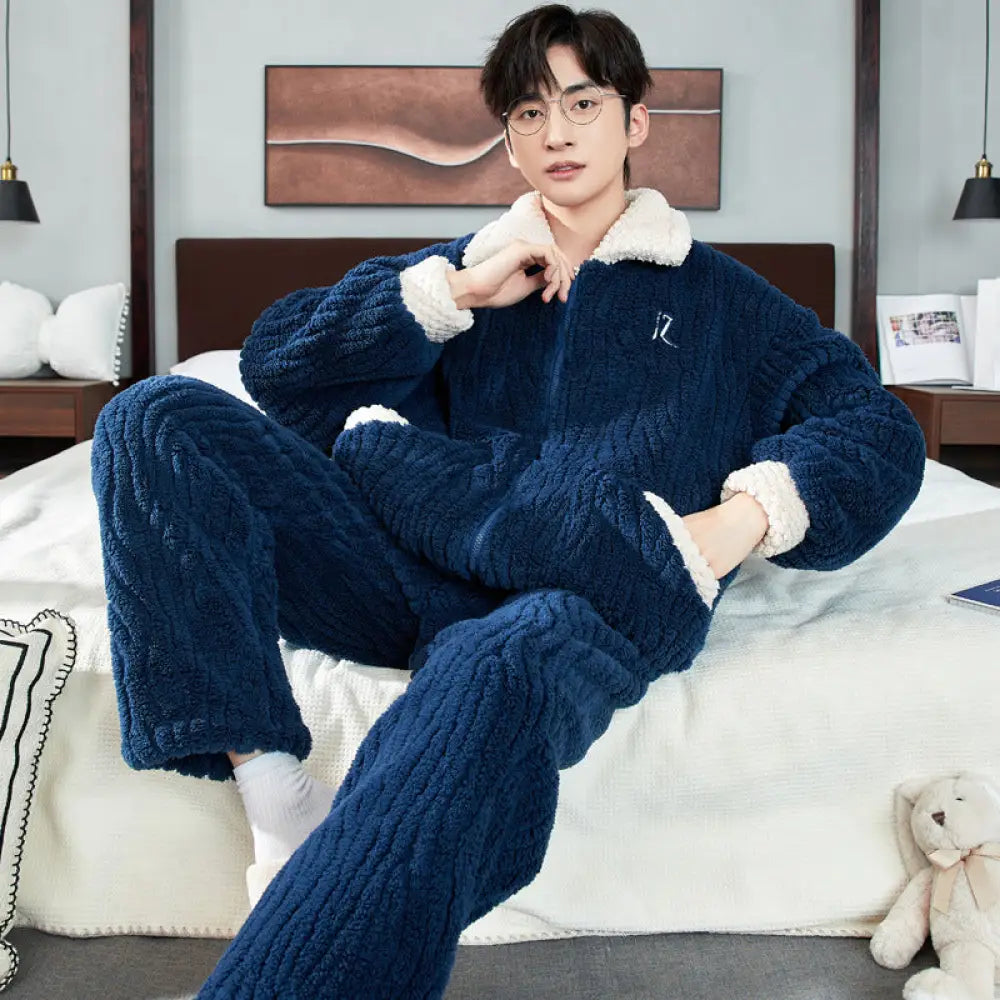 パジャマ メンズ 秋冬用 コーラル フリース 厚手 大きいサイズ 冬用 フランネル 部屋着 セット ID3180 ネイビー / L