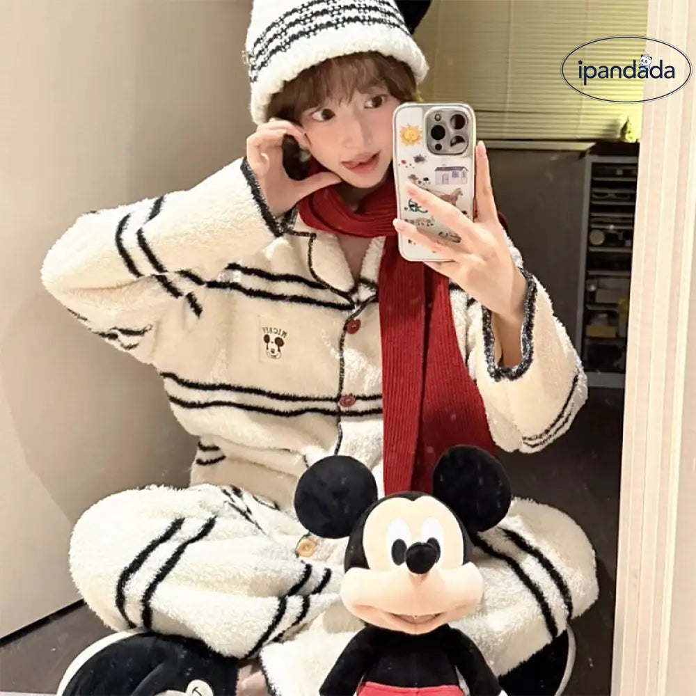 ふわふわ 秋冬 コーラルフリース カートゥーン オープン カラー パジャマ セット ID3231