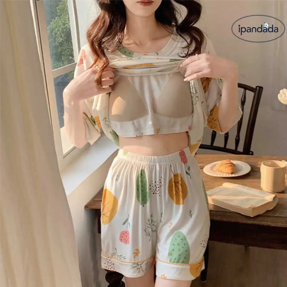 ID939 ルームウェア パッド付き レディース カップ付き パジャマ かわいい 上下セット 夏 可愛い コットン ルームウェア 半袖 部屋着 大人 体型カバー やわらか 涼しい お洒落 パジャマ 誕生日 ギフト 結婚祝い プレゼント