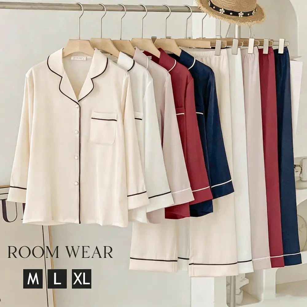 ルームウェア パジャマ レディース レーヨン 長袖 長ズボン 涼感 上下セット 冷感 前開き シルク風 ひんやり アイスシルク 春 夏 シャツ 部屋着 ナイトウェア 寝巻き 寝間着 女性 婦人 ベーシック 柔らかい ネイビー ピンク