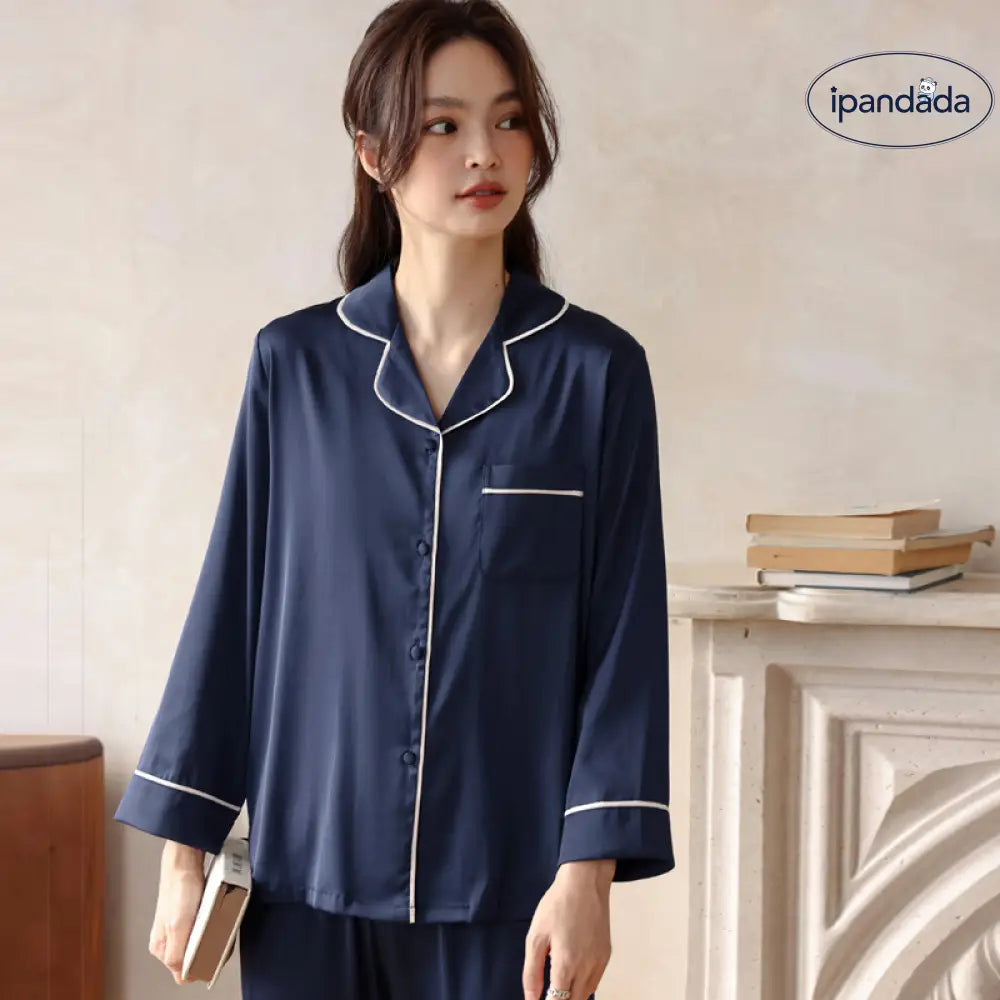 ルームウェア パジャマ レディース レーヨン 長袖 長ズボン 涼感 上下セット 冷感 前開き シルク風 ひんやり アイスシルク 春 夏 シャツ 部屋着 ナイトウェア 寝巻き 寝間着 女性 婦人 ベーシック 柔らかい ネイビー ピンク