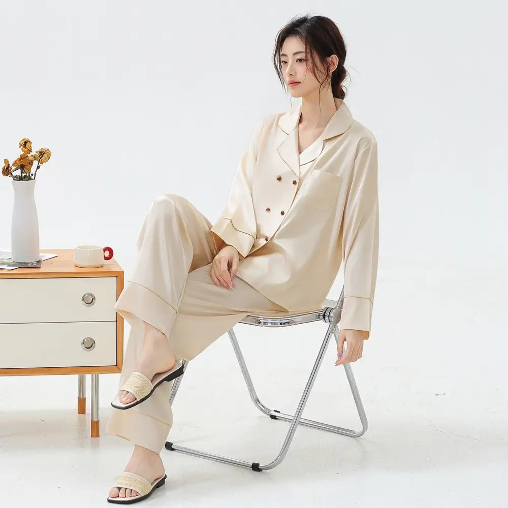 ルームウェア レディース 春秋 新作 長袖 ロングパンツ 高級感 パジャマセット ID3910 アプリコット / M