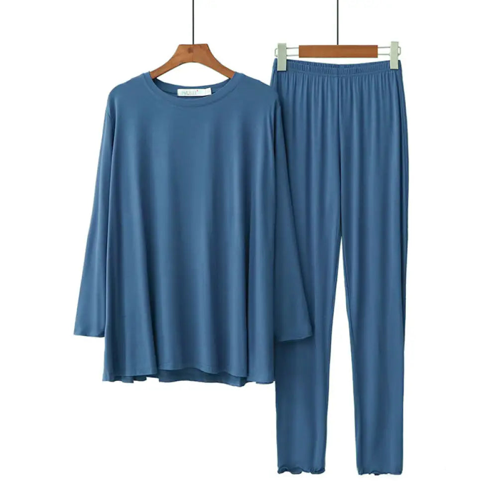 ID680 ルームウェア レディース パジャマ モダール 長袖 フレア 上下セット セットアップ 春 夏 秋 冬 部屋着 新生活 柔らかい 肌にやさしい 快適 ゆったり ゆるめ ストレスフリー 口コミ 休養 リラックス ブルー / S