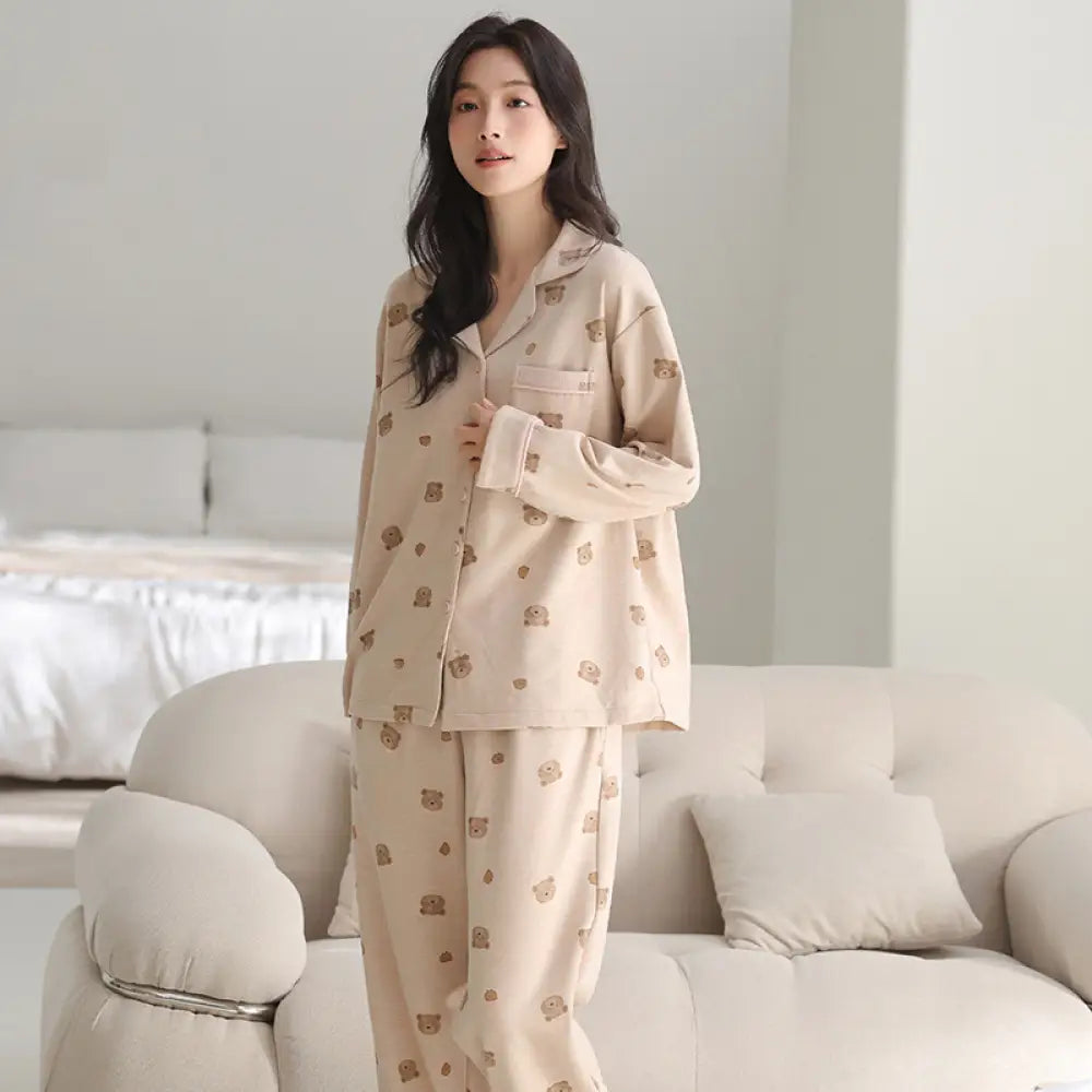 パジャマ レディース 秋冬 長袖 部屋着 セット ID4156 ブラウン / M