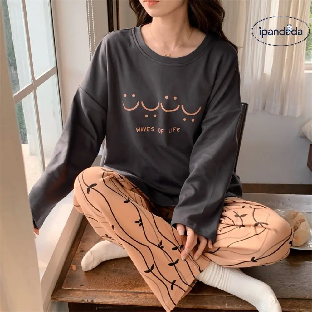 ルームウェア レディース セットアップ 上下セット 春用 夏用 秋用 冬用 長袖 長ズボン ロングTシャツ ロングパンツ 薄手 ポケット かわいい おしゃれ 大きいサイズ ゆったり ID2162