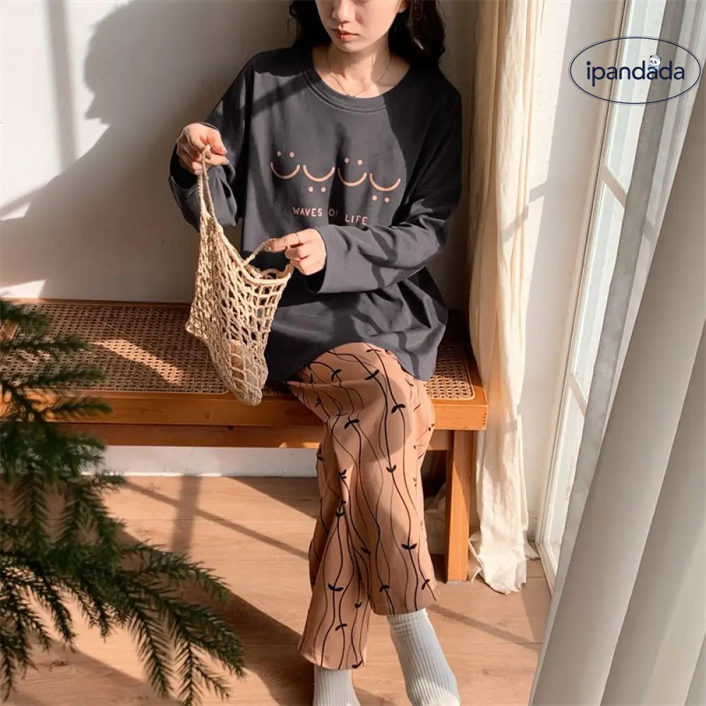 ルームウェア レディース セットアップ 上下セット 春用 夏用 秋用 冬用 長袖 長ズボン ロングTシャツ ロングパンツ 薄手 ポケット かわいい おしゃれ 大きいサイズ ゆったり ID2162