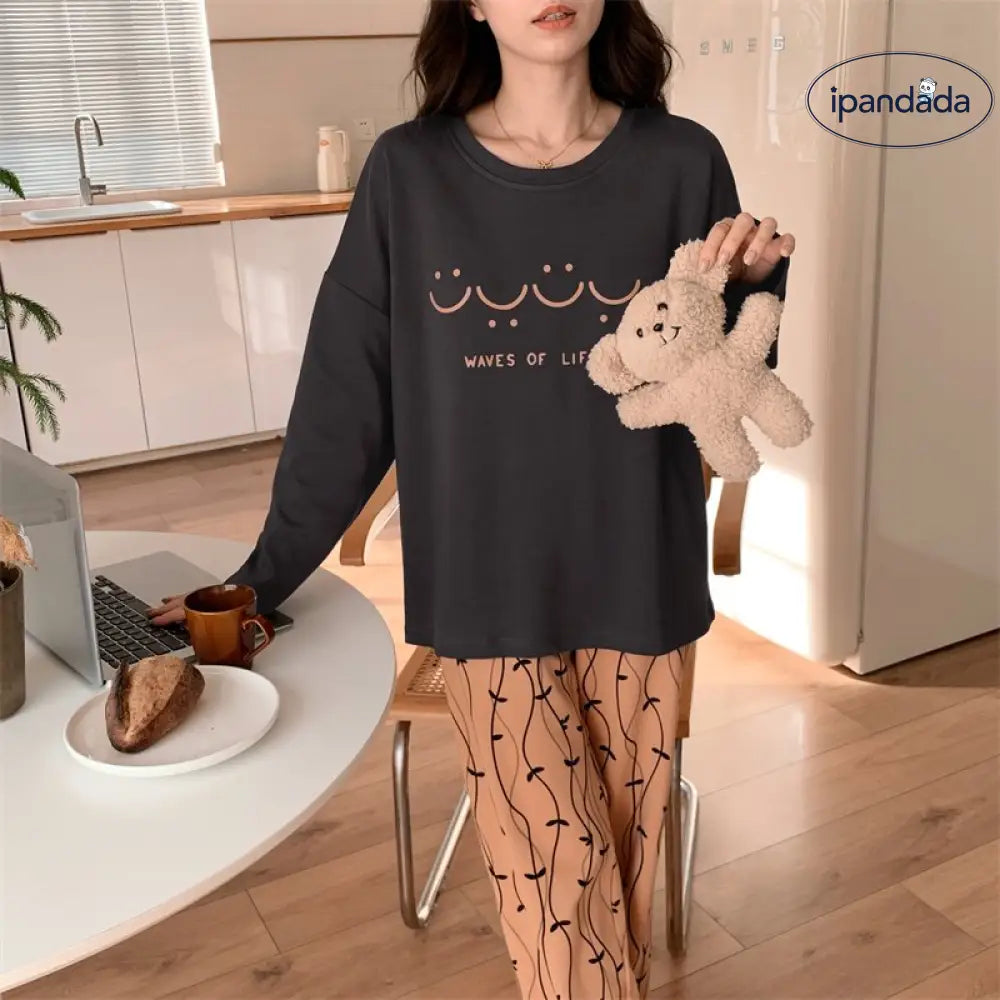 ルームウェア レディース セットアップ 上下セット 春用 夏用 秋用 冬用 長袖 長ズボン ロングTシャツ ロングパンツ 薄手 ポケット かわいい おしゃれ 大きいサイズ ゆったり ID2162