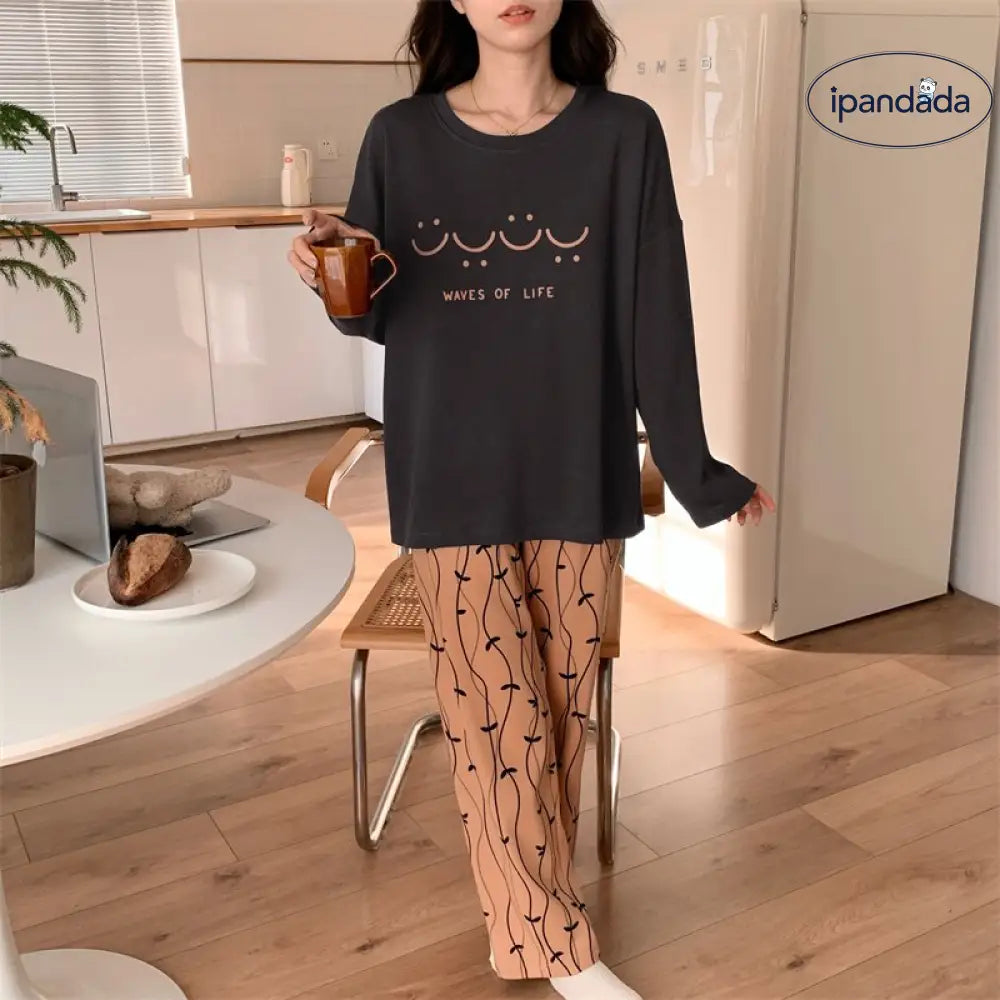 ルームウェア レディース セットアップ 上下セット 春用 夏用 秋用 冬用 長袖 長ズボン ロングTシャツ ロングパンツ 薄手 ポケット かわいい おしゃれ 大きいサイズ ゆったり ID2162
