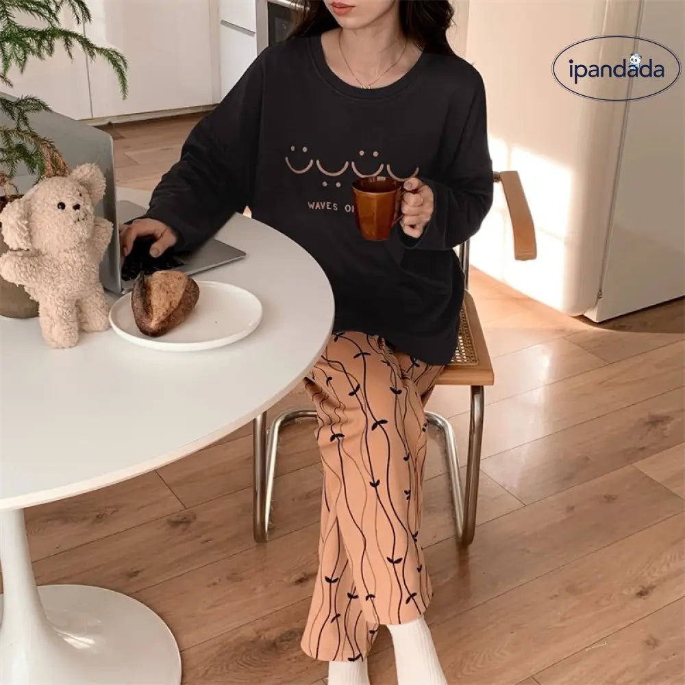 ルームウェア レディース セットアップ 上下セット 春用 夏用 秋用 冬用 長袖 長ズボン ロングTシャツ ロングパンツ 薄手 ポケット かわいい おしゃれ 大きいサイズ ゆったり ID2162