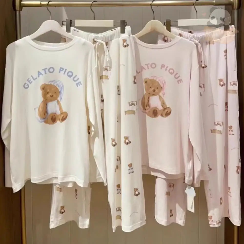 ルームウェア 上下セット 韓国 2色 レディース セット アプリ くま クマ おしゃれ かわいい パンツ 長袖 Tシャツ 綿 レディース レディース＞セットアップ