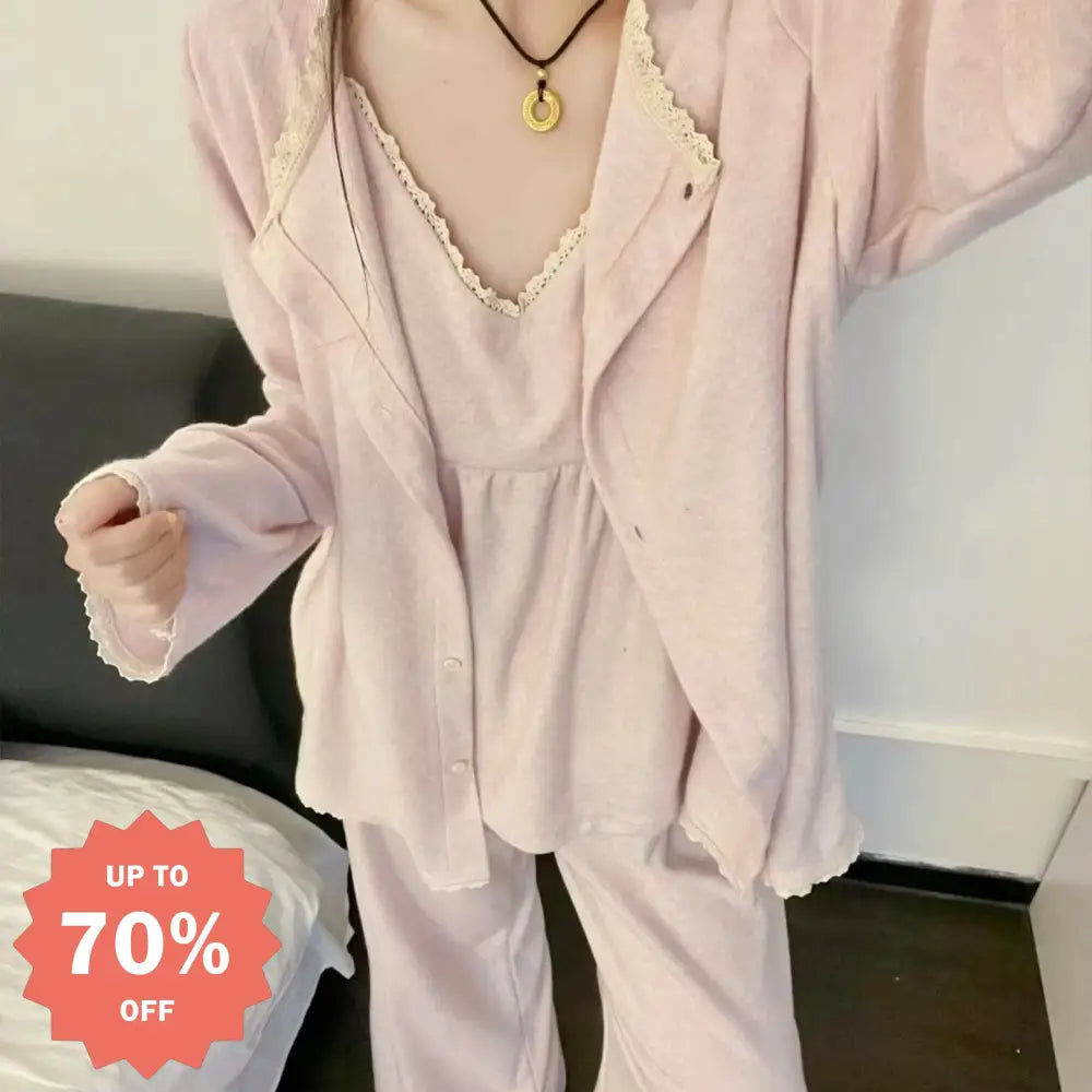 ルームウエア ナイトウェア レース デロン パジャマ レディース 冬用 カーディガン ロングパンツ ルームウェア 3点セット ID3957 ピンク / S レディース＞セットアップ